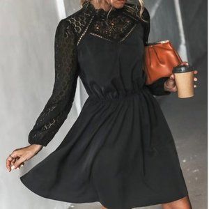 NWT Black Lace-Trim Long Sleeve Mini Dress